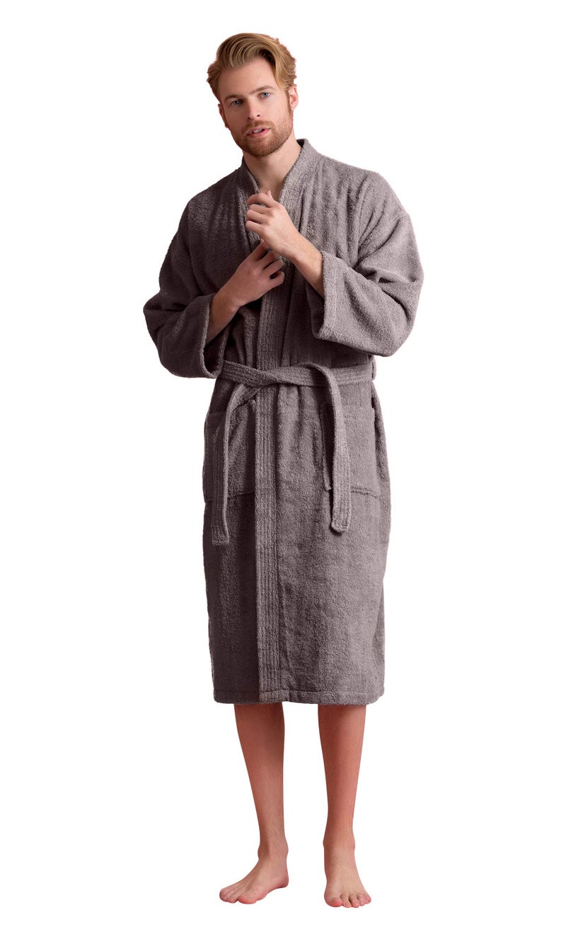 Soft Touch Linen - Turkish Terry Kimono Style Bathrobe - 100% Pure Turkish Cotton - Made in Turkey (Grey, Medium) - Image 1